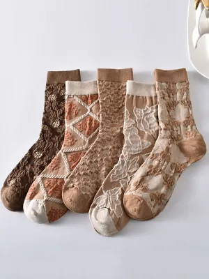 5 Pairs Artsy Flower Rhomboids Jacquard Cotton Socks