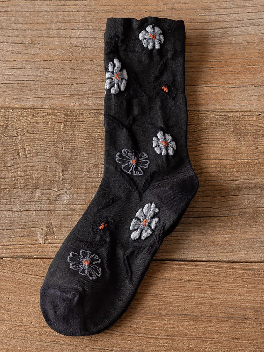 5 Pairs Women Autumn Flower Mid-calf Socks