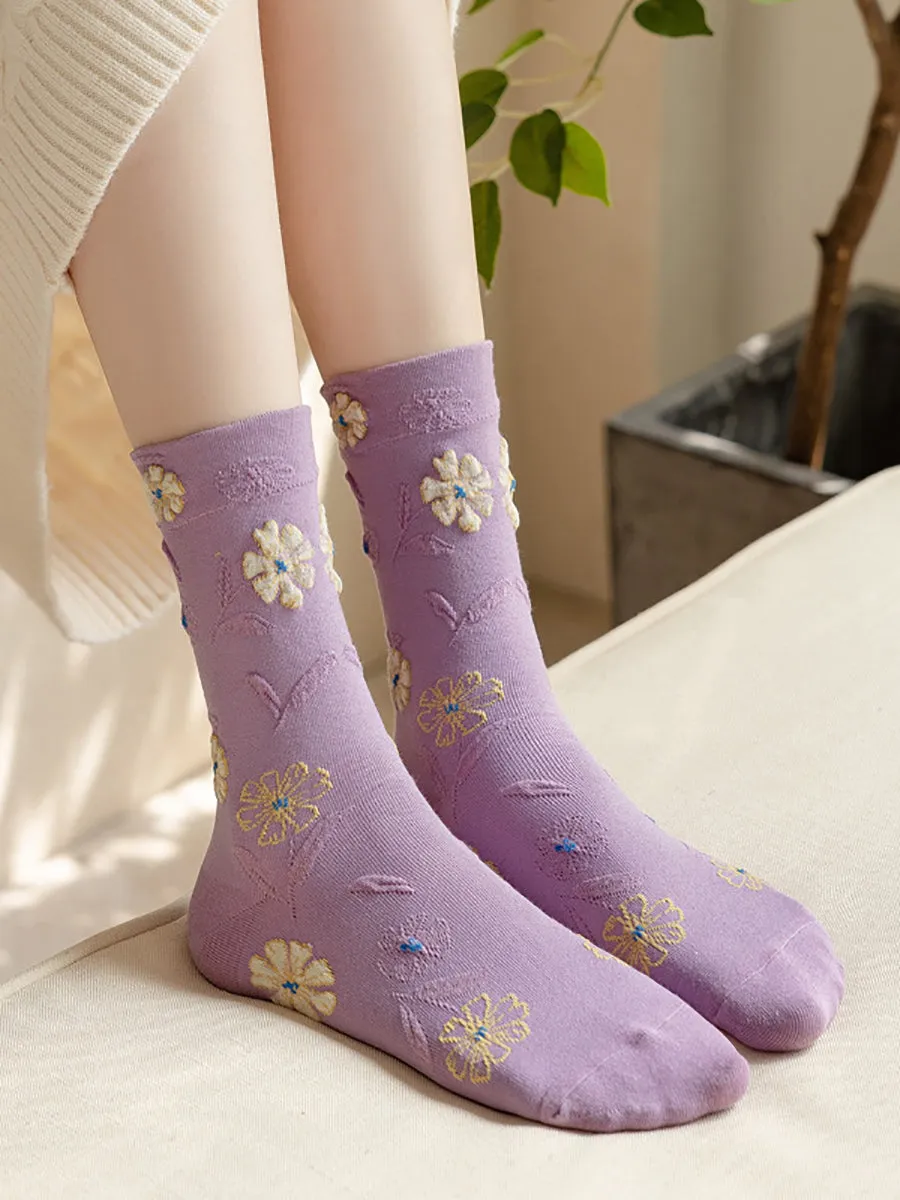 5 Pairs Women Autumn Flower Mid-calf Socks