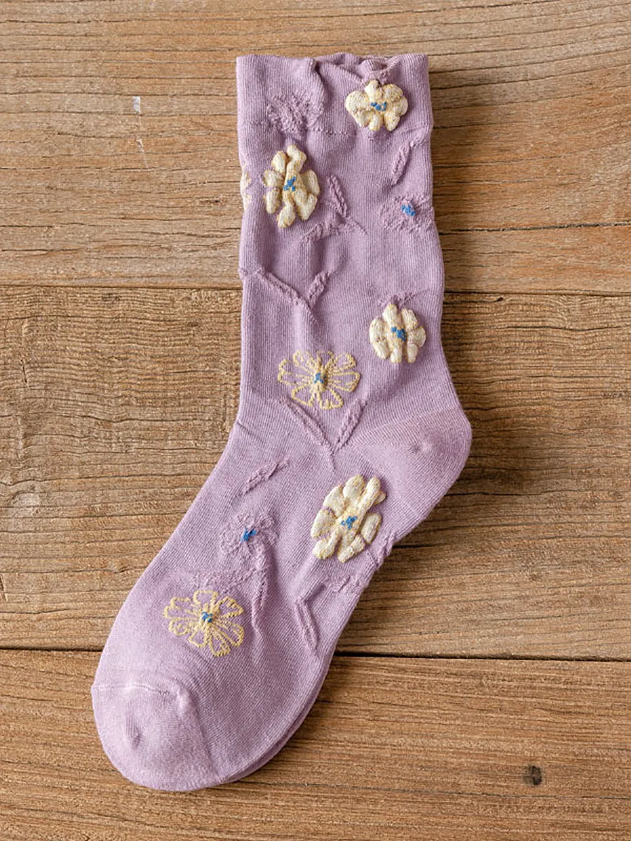 5 Pairs Women Autumn Flower Mid-calf Socks