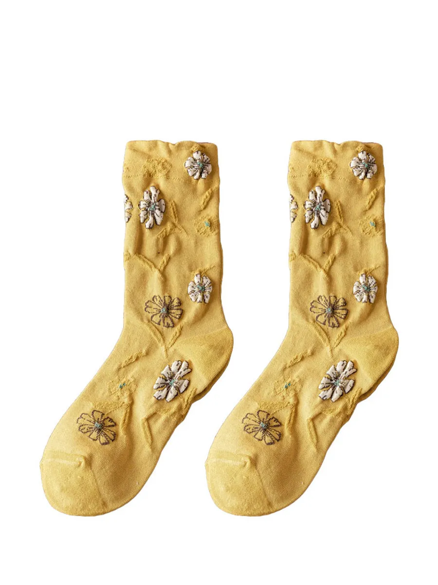 5 Pairs Women Autumn Flower Mid-calf Socks