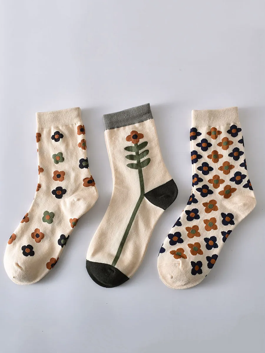 5 Pairs Women Casual Rhomboids Flower Socks