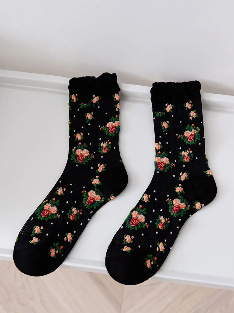 5 Pairs Women Vintage Floral Thin Socks