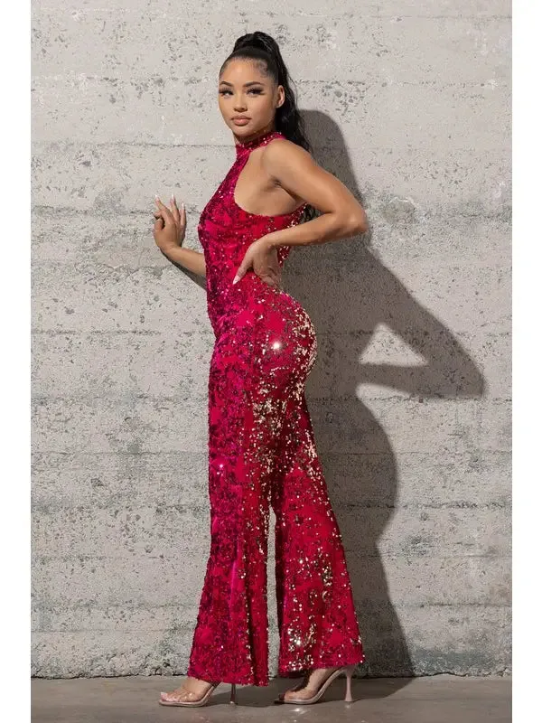 Bell Bottom Stretchy Velvet Sequins Jumpsuit