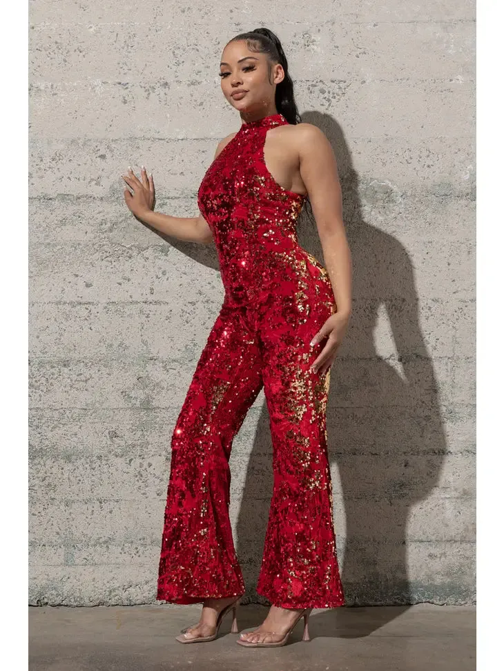 Bell Bottom Stretchy Velvet Sequins Jumpsuit