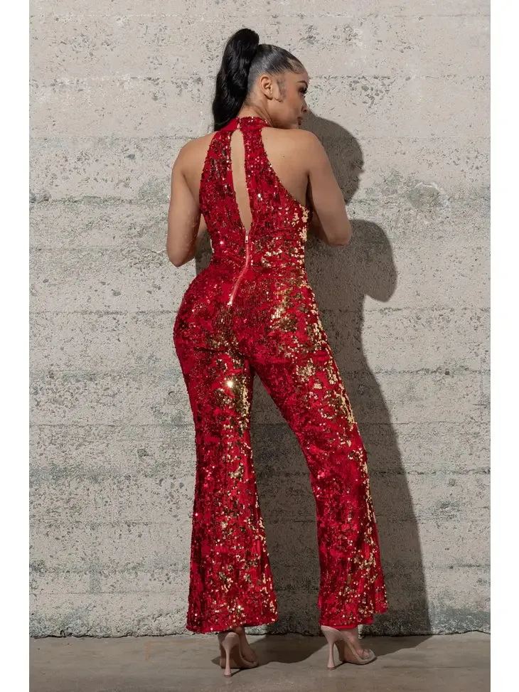 Bell Bottom Stretchy Velvet Sequins Jumpsuit