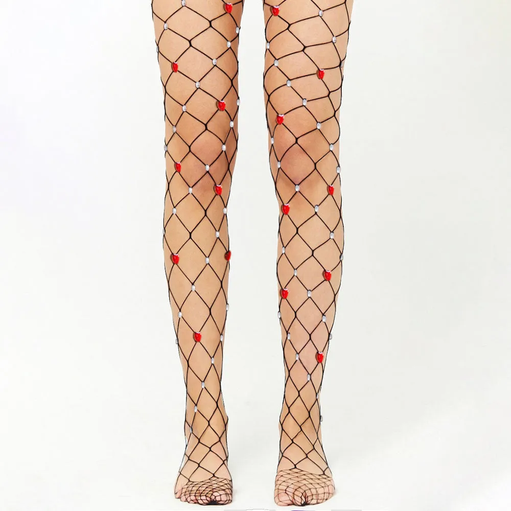 BerriesJam - 2024 Red Love Point Drill Shiny Mesh Net Socks