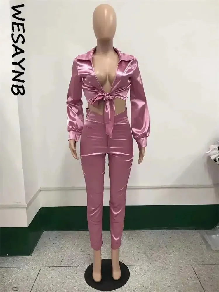 LVSANW Elegant Casual Matching Sets Womens 2 Two Piece Set For Womens Long Sleeve Crop Top Outfits Pink Pants Sets 2024 Fall Outfits