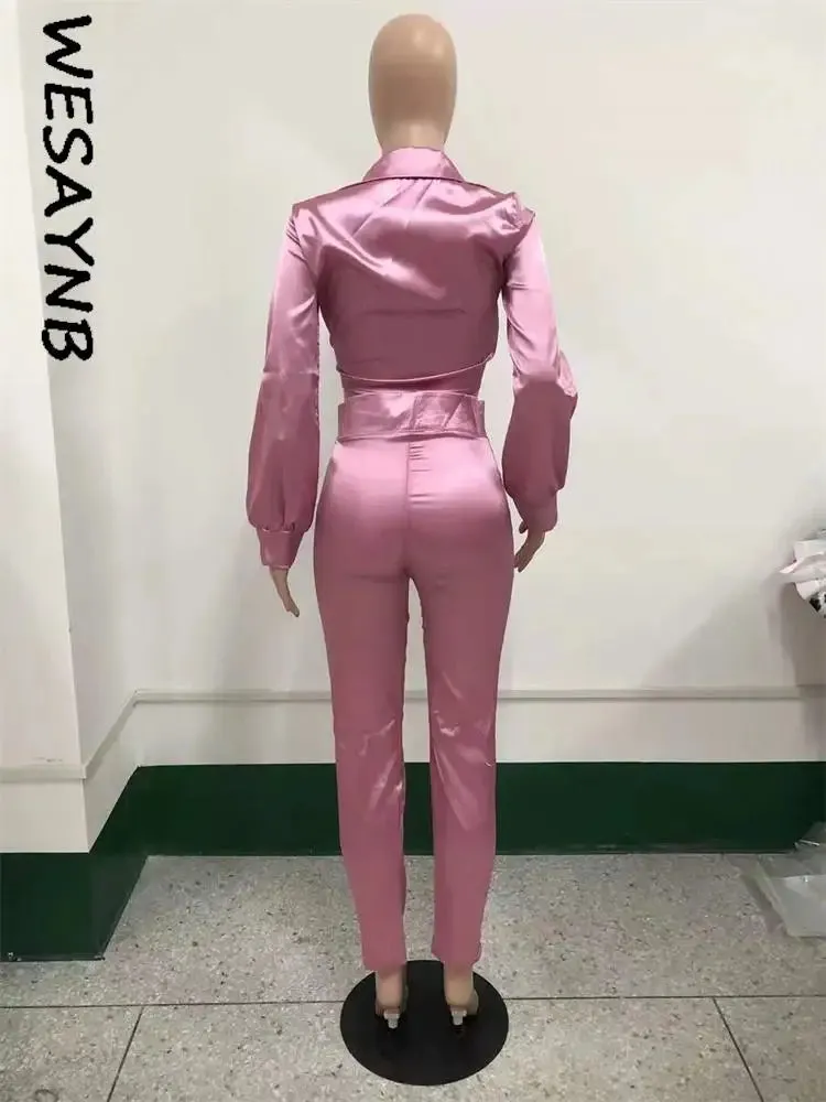 LVSANW Elegant Casual Matching Sets Womens 2 Two Piece Set For Womens Long Sleeve Crop Top Outfits Pink Pants Sets 2024 Fall Outfits